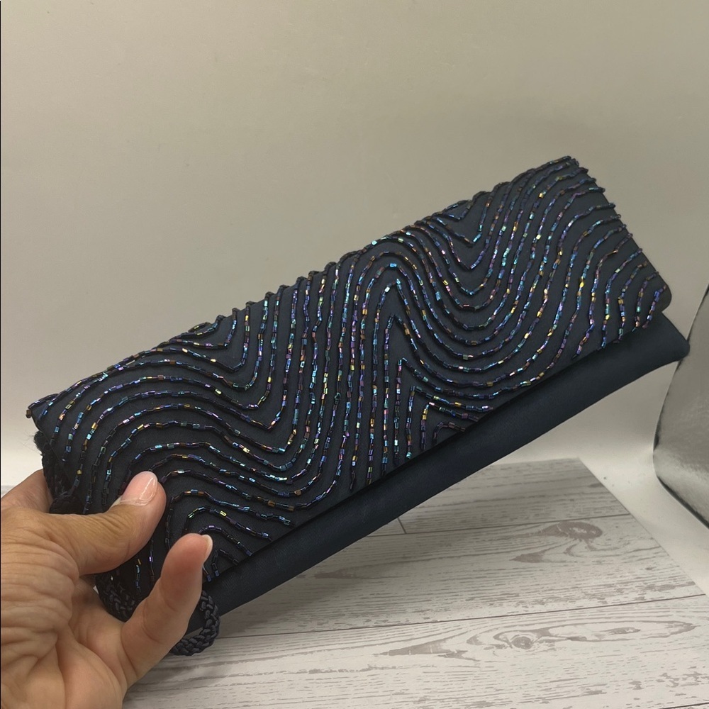 La Regale Midnight Clutch with Iridescent Waves Corded Blue Strap